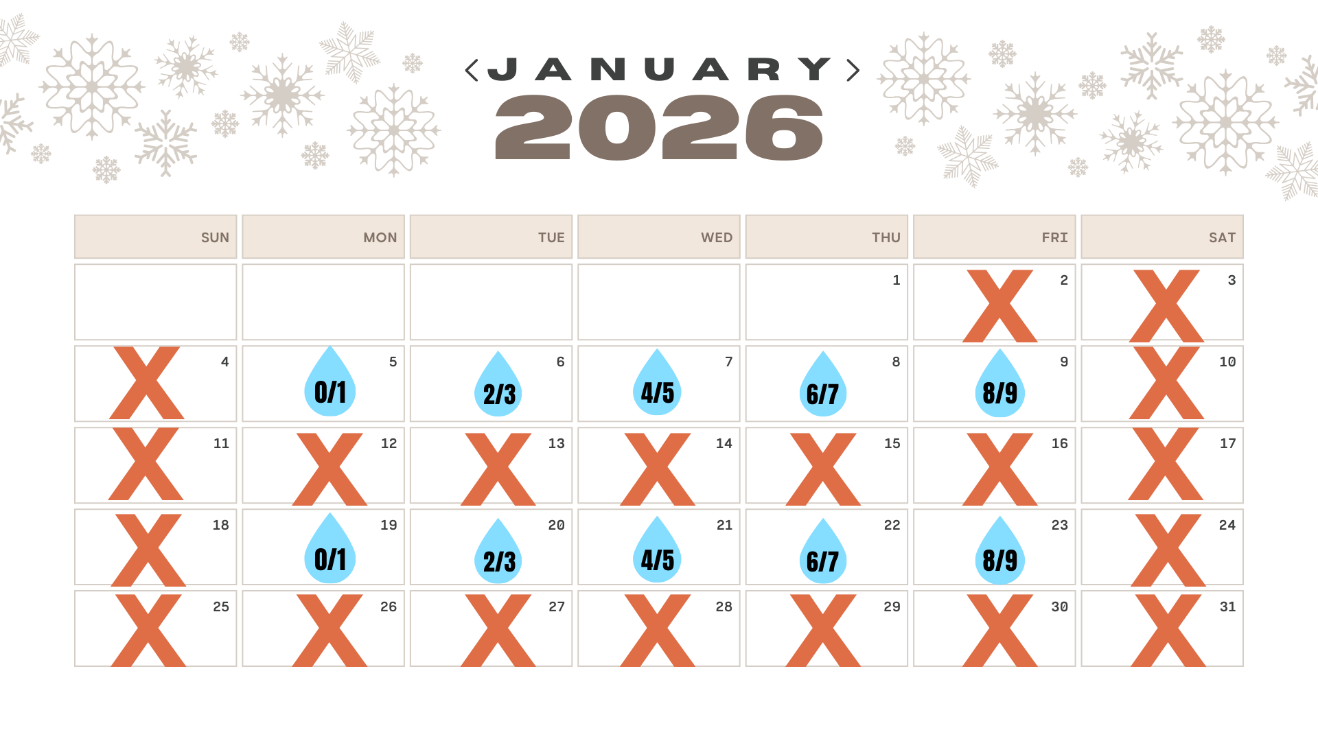 January Watering Calender