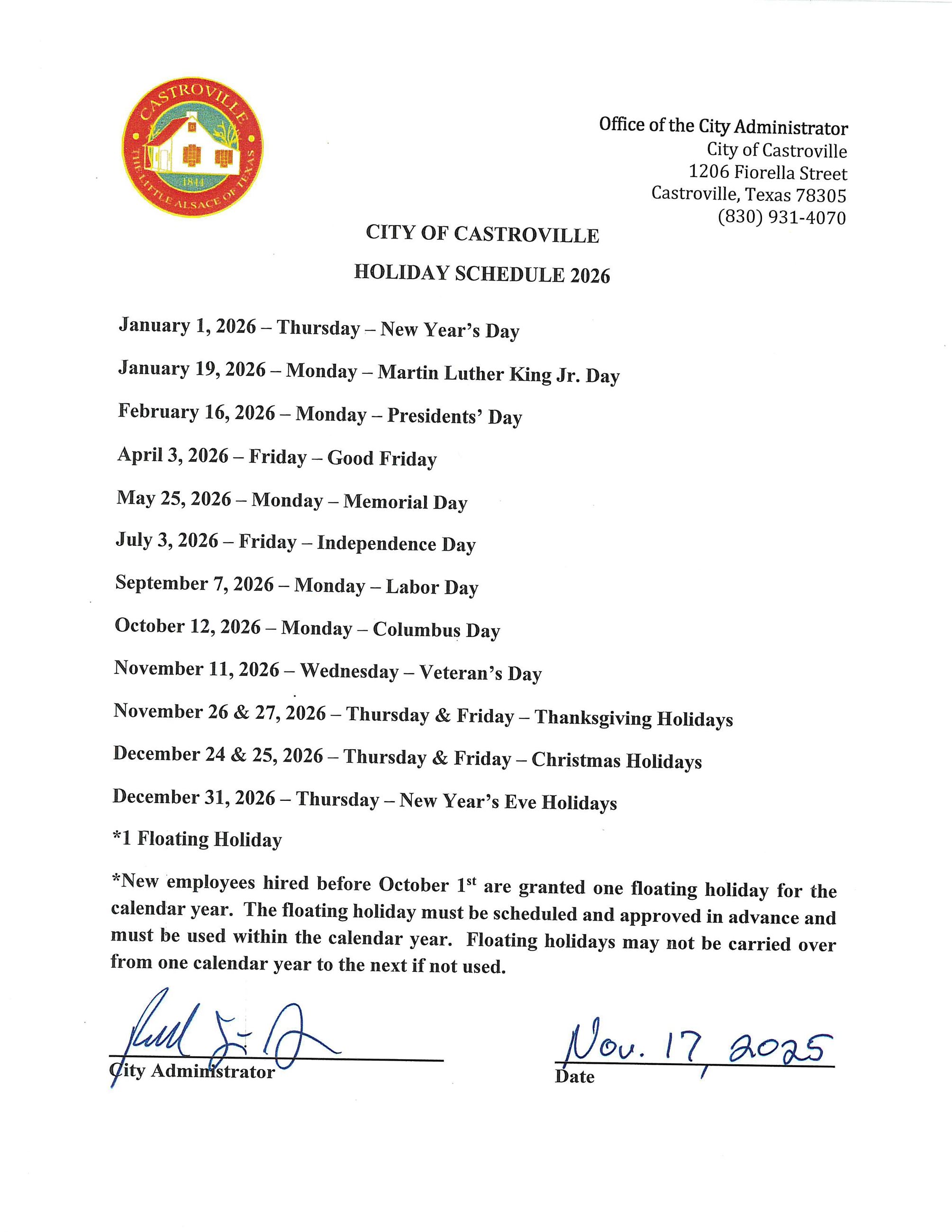 City Holidays - 2026